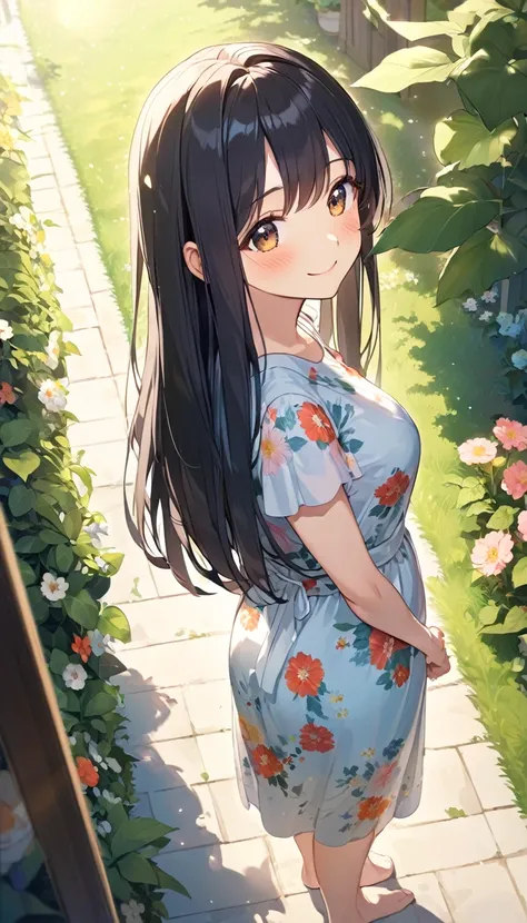 Girl,cute,cute,From above,Chest to head,Look up here,smile,Embarrassed,Straight Hair,Long Hair,Black Hair,morning,sunny,Light shines in,Waking up,Floral print dress,Are standing,garden,Put your hands behind your back,look back