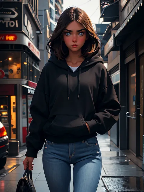 a pretty young brunette girl, 22 years old, wearing a black hoodie and blue jeans, walking down an urban street, pensive and slightly sad expression, detailed facial features, detailed eyes and lips, intricate urban background, moody lighting, cinematic co...