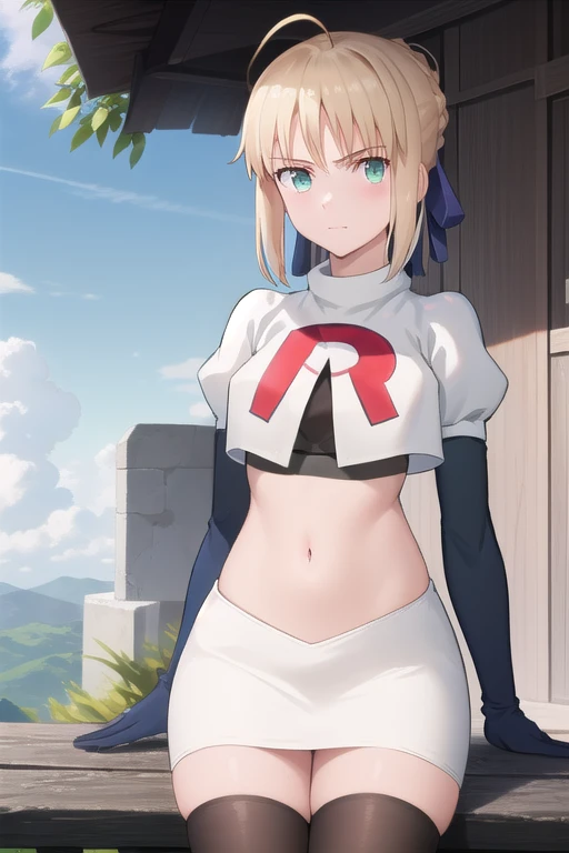 best quality, masterpiece, phSaber, phAltoria, 1girl, solo, blue ribbon, looking at viewer, french braid, hair bun, short hair, outdoors, team rocket,team rocket uniform,white skirt,red letter R,crop top,black thigh-highs,black elbow gloves