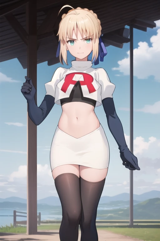 best quality, masterpiece, phSaber, phAltoria, 1girl, solo, blue ribbon, looking at viewer, french braid, hair bun, short hair, outdoors, team rocket,team rocket uniform,white skirt,red letter R,crop top,black thigh-highs,black elbow gloves