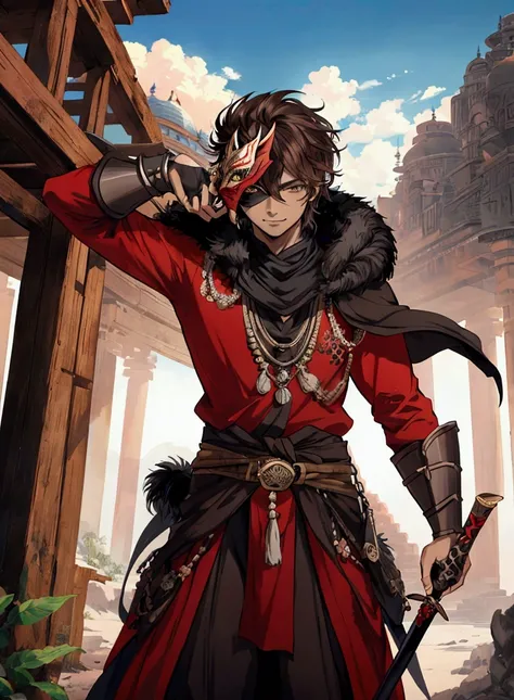 (Masterpiece), ((Highest Quality)),(Official Art),Epic adventure:1.2),(1 solo male masked indian anime boy: 1.3). Mysterious Indian, short-clipped dark brown hair, dark skin, dark brown eyes covered by eye cover, assassin mask, smug grin, red fez, red shir...