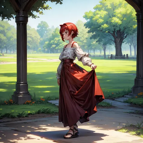 Solo character, full body version, kid girl, black eyes, red color hair, short hair, long dress clothing, yellow color dress, bare shoulder clothing, long skirt, sandals, outdoor, Park, town, medieval, morning, standing gesture, detailed background, detail...