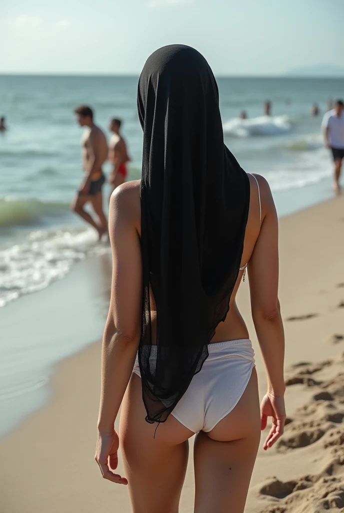 Black headscarf on the beach, Weak, barefoot woman below the waist, men are touching