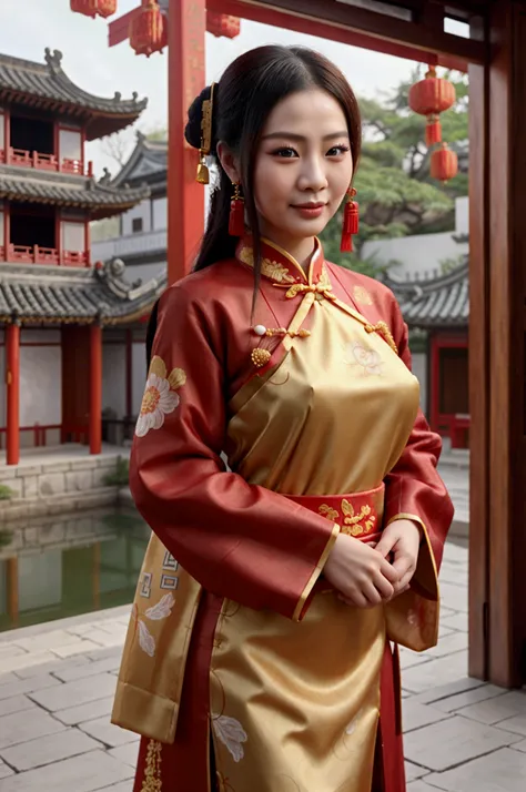 (((chinese woman))), ((in traditional Chinese clothing)), traditional Chinese female jewelry, traditional Chinese female makeup, in a Chinese garden, smiling, nsfw, uncensored, (((realistic rendering)))