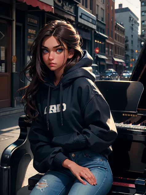 a pretty young brunette girl, 22 years old, wearing a black hoodie and blue jeans, is sitting on a piano an urban street, pensive and slightly sad expression, detailed facial features, detailed eyes and lips, intricate urban background, moody lighting, cin...