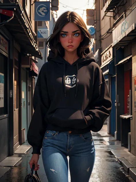 a pretty young brunette girl, 22 years old, wearing a black hoodie and blue jeans, walking down an urban street, pensive and slightly sad expression, detailed facial features, detailed eyes and lips, intricate urban background, moody lighting, cinematic co...