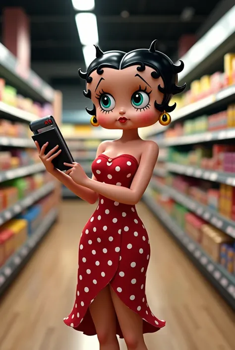 Betty boop in the supermarket holding a card terminal 