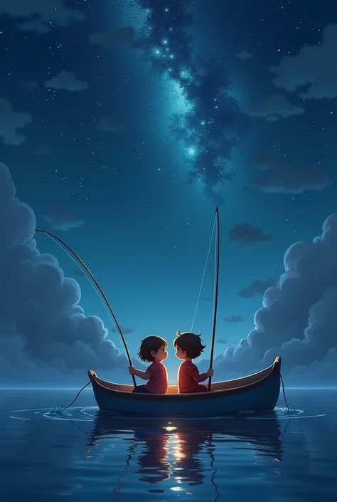 A 4-year-old brother and 1-year-old sister of a pirate on a small boat using fishing poles、Trying to fish out the constellation crown reflected on the night sea surface、Looking into the sea, the night sky is not drawn, but the surface of the sea is drawn