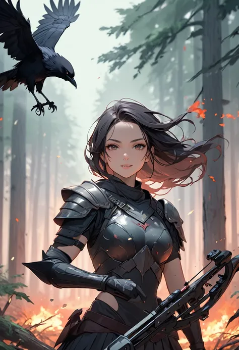 (masterpiece:1.5),(Beat quality),(high res),1girl solo,beautiful face,smile,upper body,Warrior Woman,Holding a crossbow,inflammation,Crow,forest