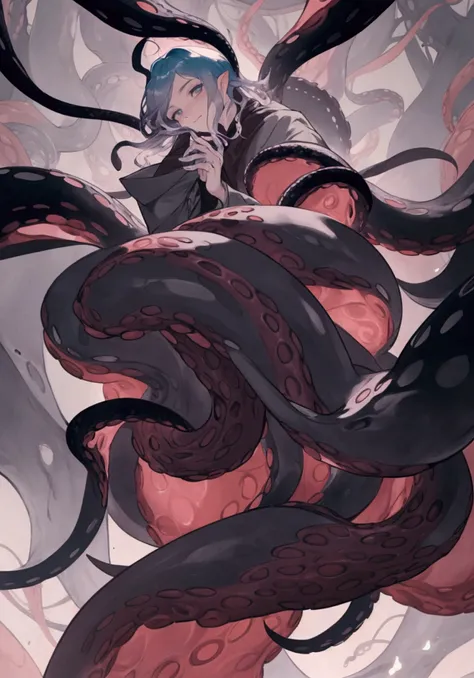 A man with tentacles coming out of him, octopus-like tentacles extending from his body, magical realism, dark fantasy, highly detailed, cinematic lighting, muted color palette, 