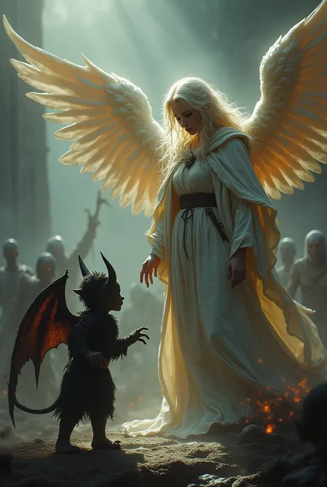 In this epic scene a Small cute Demon whispers in the ear of an majestic and confise looking angel. In the backgeound there are clerics fighting against zombies.