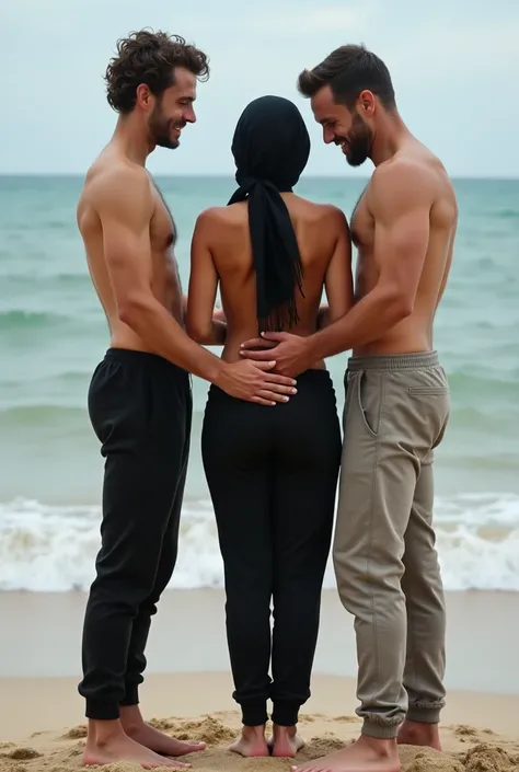 Black headscarf on the beach, black sweatpants, barefoot, skinny woman.  2 men touching woman&#39;s butt