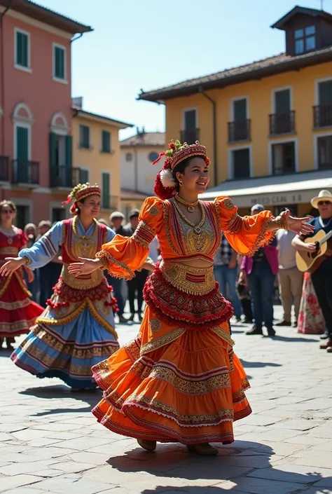 group of dancers dressed in colorful and ornate costumes, performing an energetic dance in a square, surrounded by spectators enjoying live music.
