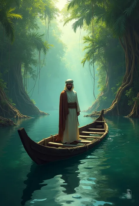 Arab Muslim floating on piece of broken boat 
In jungle art