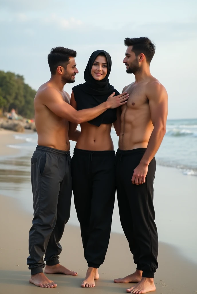 Black headscarf on the beach, black sweatpants, barefoot, skinny woman.  2 men touching woman&#39;s chest