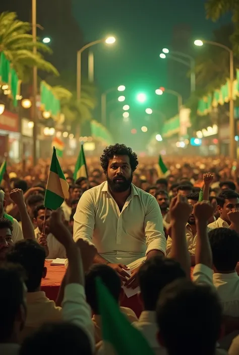 A large crowd of tamilnadu people of mostly men, gathered in a city street waving green flags and banners. In the center, a man with dark hair and beard wear white shirt  is sitting in platform addressing crowda man face front view on a platform. Night tim...