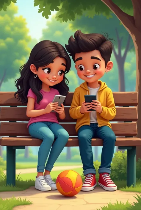 A close-up of the faces of the two friends Ana and Carlos on a park bench. They both keep looking at the phone, while, At the bottom, a child plays with a ball. cartoonish 
