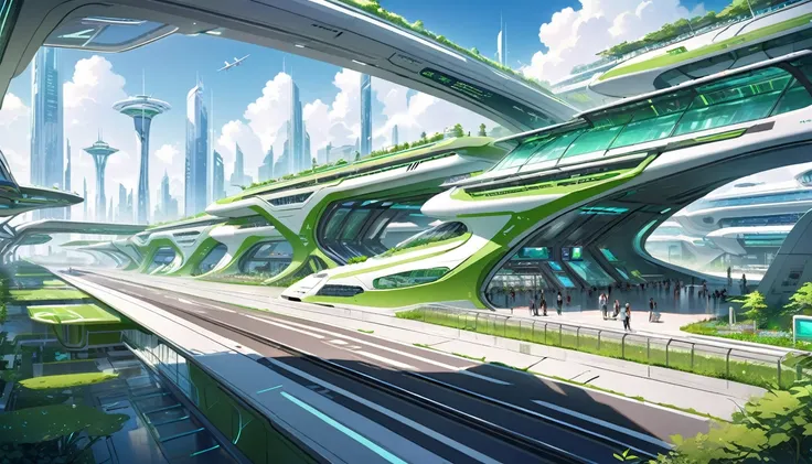 Futuristic airport, 1 long track with 3 futuristic, in a futuristic ecological green city.