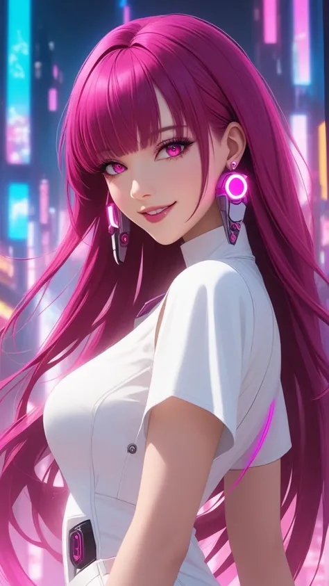 Beautiful, solo, 1 female, mature, long hair, magenta hair with bangs, hotpink eyes, white clothes, smile facial, futuristic, cyberpunk, dices, earrings