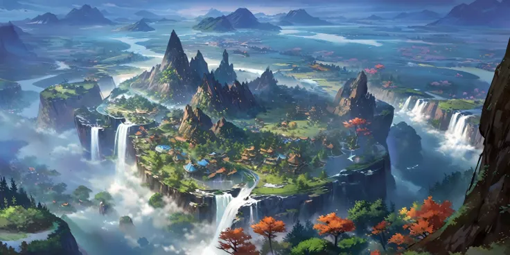 There is a small waterfall in the middle of an island, Game concept art, Final Fantasy Vll World Concept, 2. 5D CGI anime fantasy artwork, Concept World Art, Beautiful concept art, dota matte painting concept art, Concept Art Wallpaper 4K, conceptartworld,...