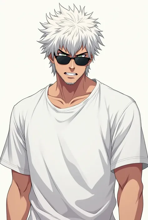 Create a young man anime image, lightcolor, white oversize t-shirt , White hair, full of anger , and sunglasses , with beard , and a little physically strong , haircut stinks