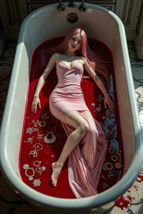 Create an image of a 20 year old Korean girl, with long pink hair and a pink dress,in a bathtub of blood, with jewelry, and money.