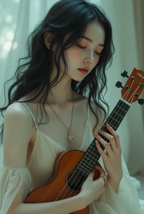 An image of a tall, thin, pearly-skinned woman with black, neck-length hair playing the ukulele around a flute and a melodica