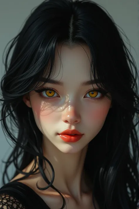 Pretty 22 year old girl with black hair and yellow eyes cold look, Realistic digital art 