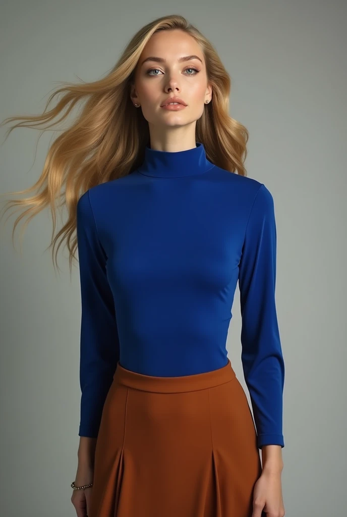 A blonde woman/moreno claro, tall with a royal blue blouse with an open neckline/ tank top and skirt that is tight at the waist and long to the heel, terracotta colored. SHOW ALL THE CLOTHES. blouse without neckline, high collar