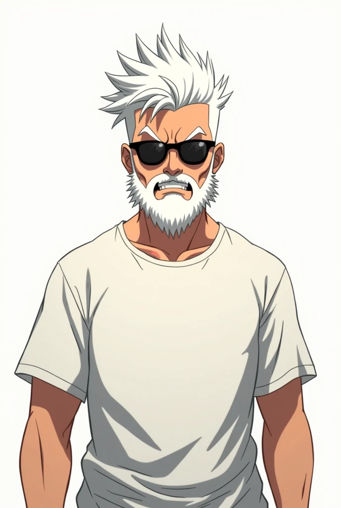 Create a young man anime image, lightcolor, white oversize t-shirt , White hair, full of anger , and sunglasses , with beard , and a little physically strong , haircut stinks