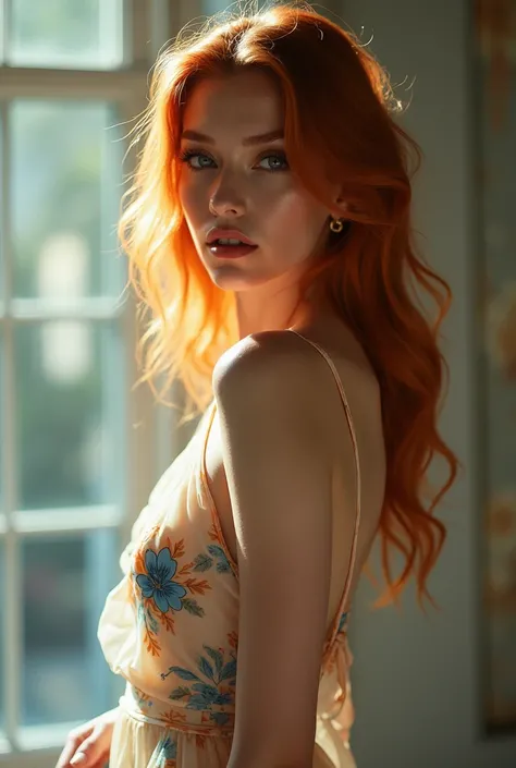 Sensual young woman, in thin silk dress, dewy skin, shiny skin, looking into camera 36k dehaze, full body, backlit, chic fashion editorial, floral, body silhouette light, backlit silhouette silhouette((light orange hair)) (fashion high fashion) photography...