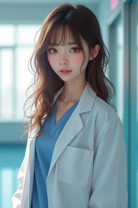 Pretty and adorable girl with brown hair, hairstyle is layers with curtain bangs + hazel sexy eyes wearing a doctor outfit