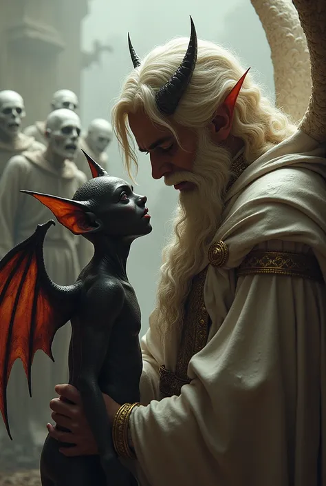 In this epic scene a Small cute small flying Demon sways behind an angel. The small demon whispers into the ear of this majestic and confise looking angel. In the backgeound there are clerics fighting against zombies.