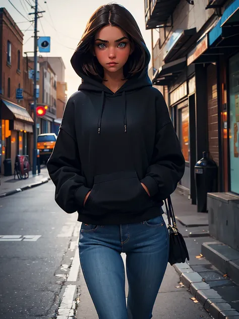 a pretty brunette girl, 22 years old, wearing a black hoodie and blue jeans, walking on an urban street, pensive and slightly sad expression, detailed facial features, detailed eyes and lips, complex urban background, whimsical lighting, Cinematic composit...