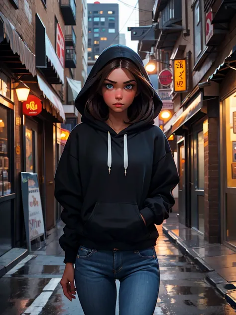 a pretty brunette girl, 22 years old, wearing a black hoodie and blue jeans, walking on an urban street, pensive and slightly sad expression, detailed facial features, detailed eyes and lips, complex urban background, whimsical lighting, Cinematic composit...