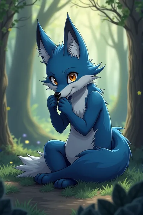 furry blue anime style fox, sitting in the woods naked sucking his own dick