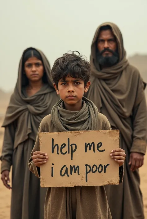 A poor boy with his family wear dusty clothes caryy a notice board with text “help me i am poor”showing to viewers 
