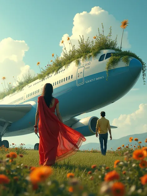 There is a very big aeroplane and there is a 22 year old Indian boy and he has a girlfriend who is wearing a red coloured saree both are above the aroplane and the garden is settled on the aroplane the girl is walking the little shy  and the boyfriend is b...