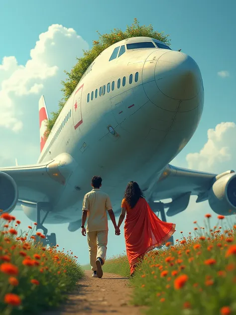 There is a very big aeroplane and there is a 22 year old Indian boy and he has a girlfriend who is wearing a red coloured saree both are above the aroplane and the garden is settled on the aroplane the girl is walking the little shy  and the boyfriend is b...