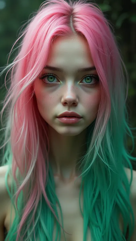 Young woman with pink and green hair with green eyes 