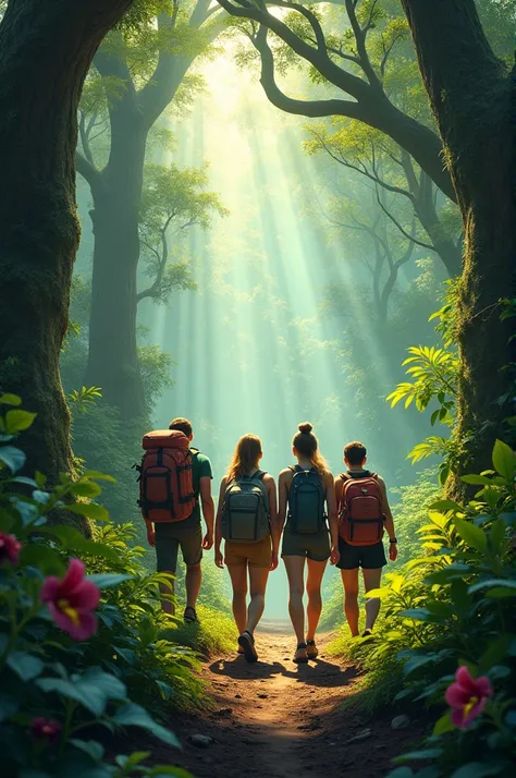 Image 2: Entering the Amazon Rainforest"Four friends trekking through a dense Amazon rainforest. They are surrounded by towering trees, thick vines, and exotic plants. A sense of adventure is in the air as they cautiously move deeper into the jungle, with ...