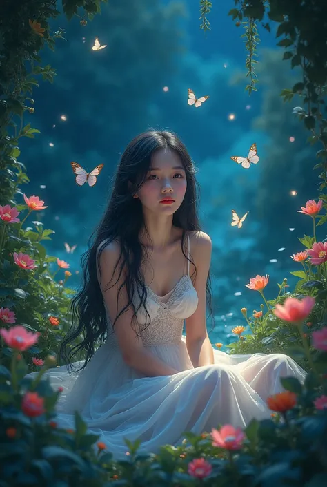 A beautiful girl sitting in garden , around butterflies. Magical night, sky with stars and magical things