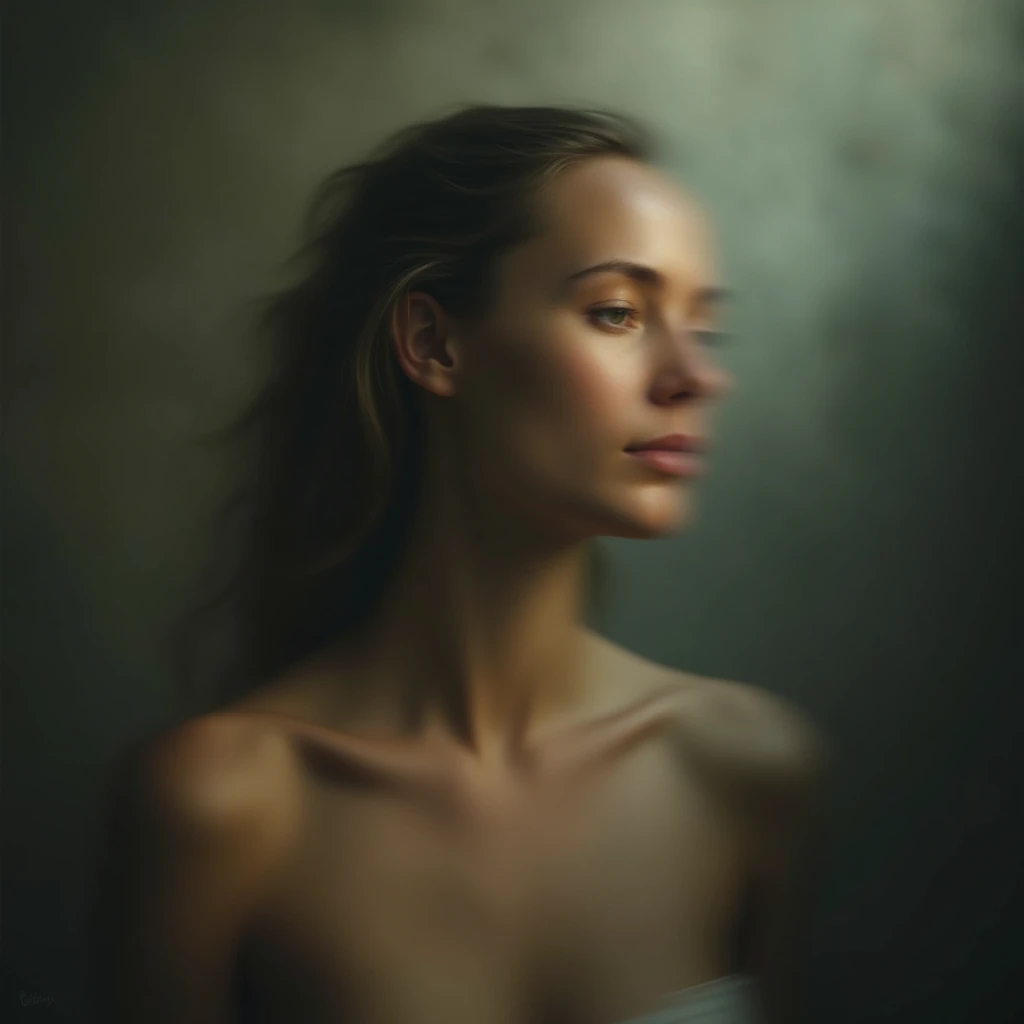 I am the blurred lines of her and of her different faces that exist above her of her different lives only a blurred figure of her naked body is seen and the expression of her face that sees the pain with that light of nostalgia and shadows with volumes , I...