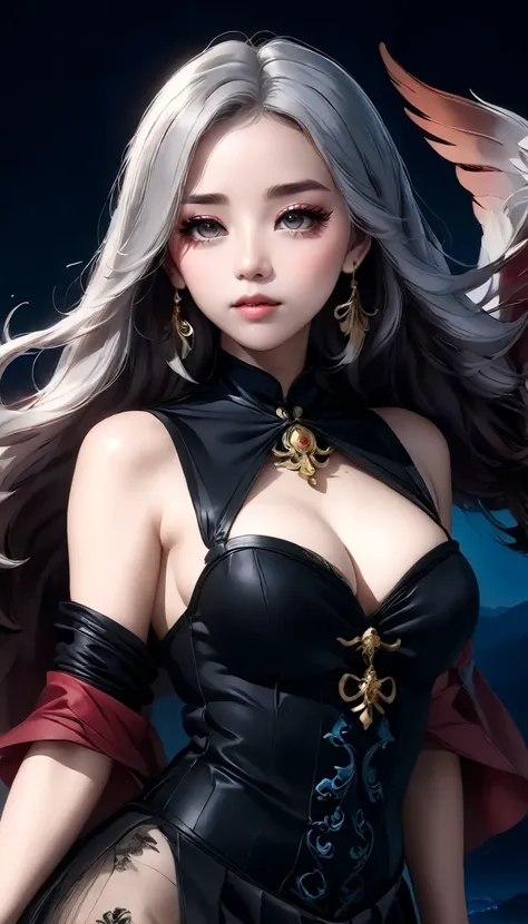 high quality,HD,16K,Sharp Line,1 Girl,fantasy, （Fire Spirits）,Pretty Face, Large Breasts, Beautiful legs,In the mountains,Focus Girl,detailed Pretty Face,Detailed clothes,beautiful eyes,Cool,Sexy,Dynamic Angle,穿着华服的神明Strike a pose拍照, Ancient mysterious sex...