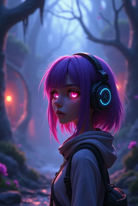 Animated woman with purple pink hair, slightly flashing red eyes with headphones watching the haunted landscape