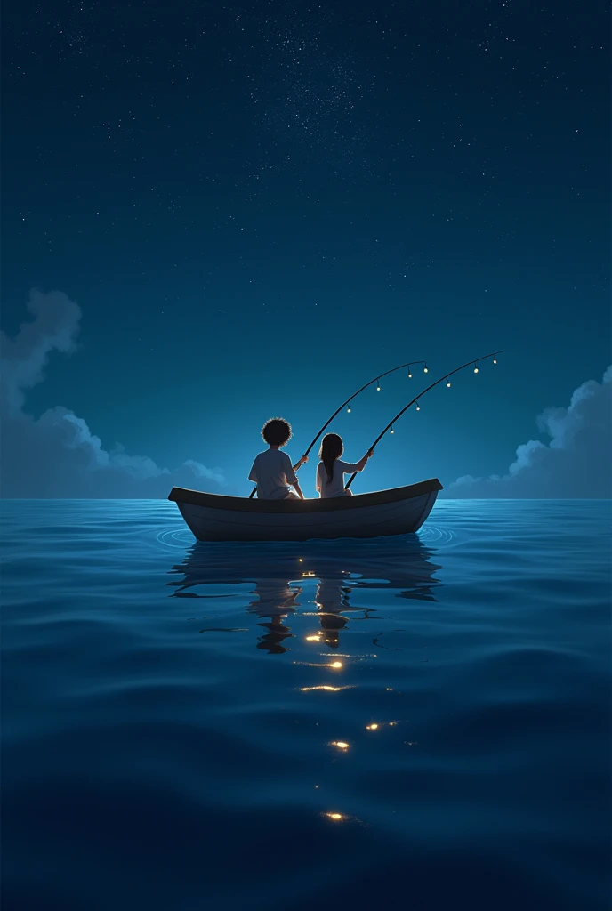 Night sea surface seen from above。
On the water surface、The photo shows the pirate&#39;s 4-year-old brother and 1-year-old sister aboard a small boat.。
They use fishing rods、Trying to fish out the constellation crown reflected on the water&#39;s surface、Ga...