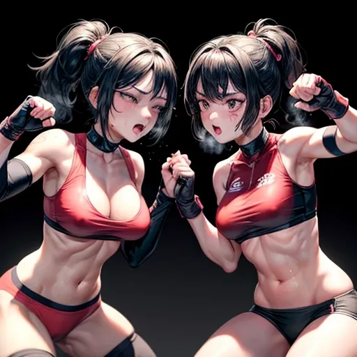 punch, punch, punch. life or death struggle. survival battle. dynamic exciting action in the octagon ring. whole body picture. two bloody beautiful Japanese high school student girl fighters are looking at each eyes. they are beating each other so hard. Th...