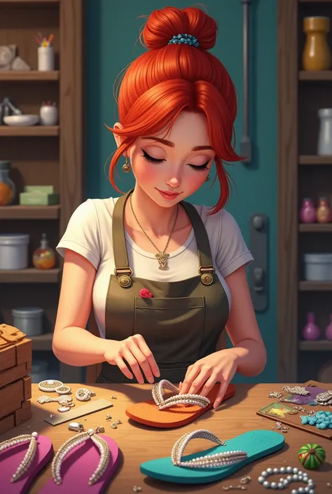 

"A craftswoman of decorated flip-flops, Working in your studio. She is a red-haired woman with her hair tied in a bun., doesn&#39;t wear glasses. She is wearing a craft apron and is sitting at a work table strewn with materials such as rhinestones., uppe...