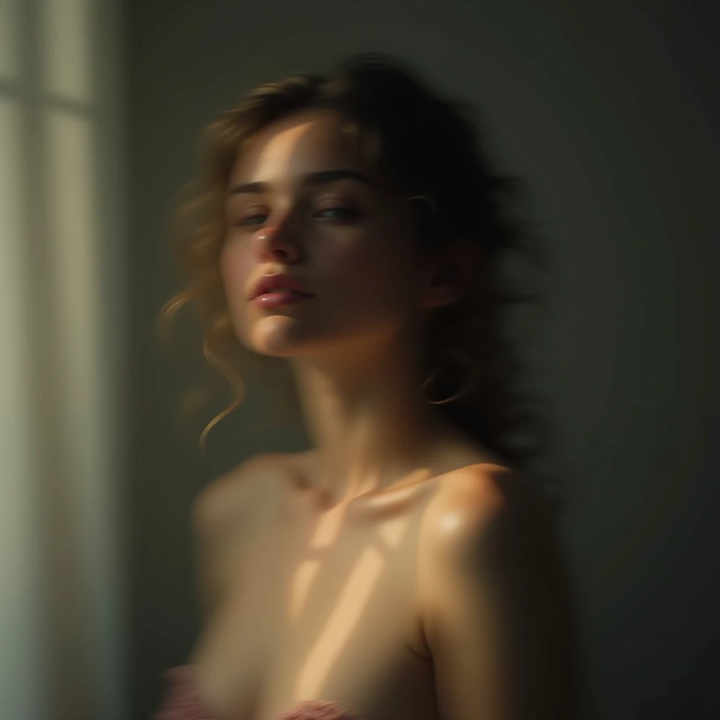 I am the blurred lines of her and of her different faces that exist above her of her different lives only a blurred figure of her naked body is seen and the expression of her face that sees the pain with that light of nostalgia and shadows with volumes , I...