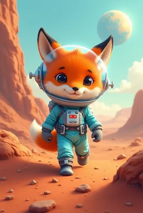 A cute innocent orange and light blue fox in a spacesuit on mars, with earth in the backround